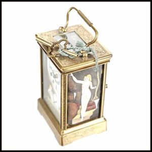 Antique carriage clock with painted panels c1890