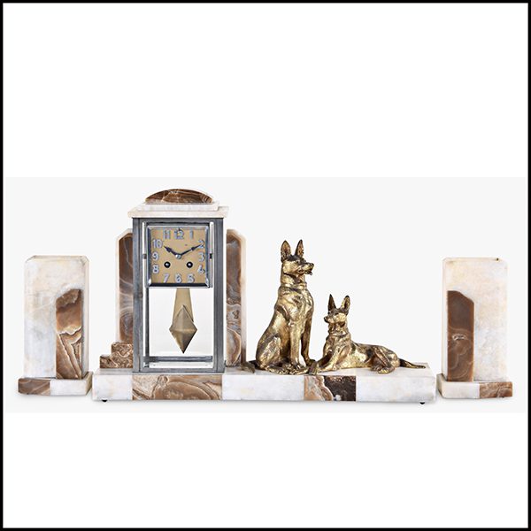 Art Deco clock c1925, in marble with two dogs.