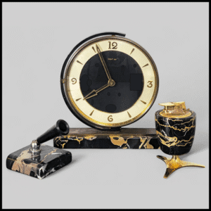 An Urgos Art Deco mantel clock set from 1940's. Among vintage clocks, this one is very collectible.